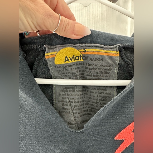 Aviator Nation Bolt Stitch Chevron6 Split Neck- Raglan Pullover Crop Hoodie Blue - Picture 7 of 8